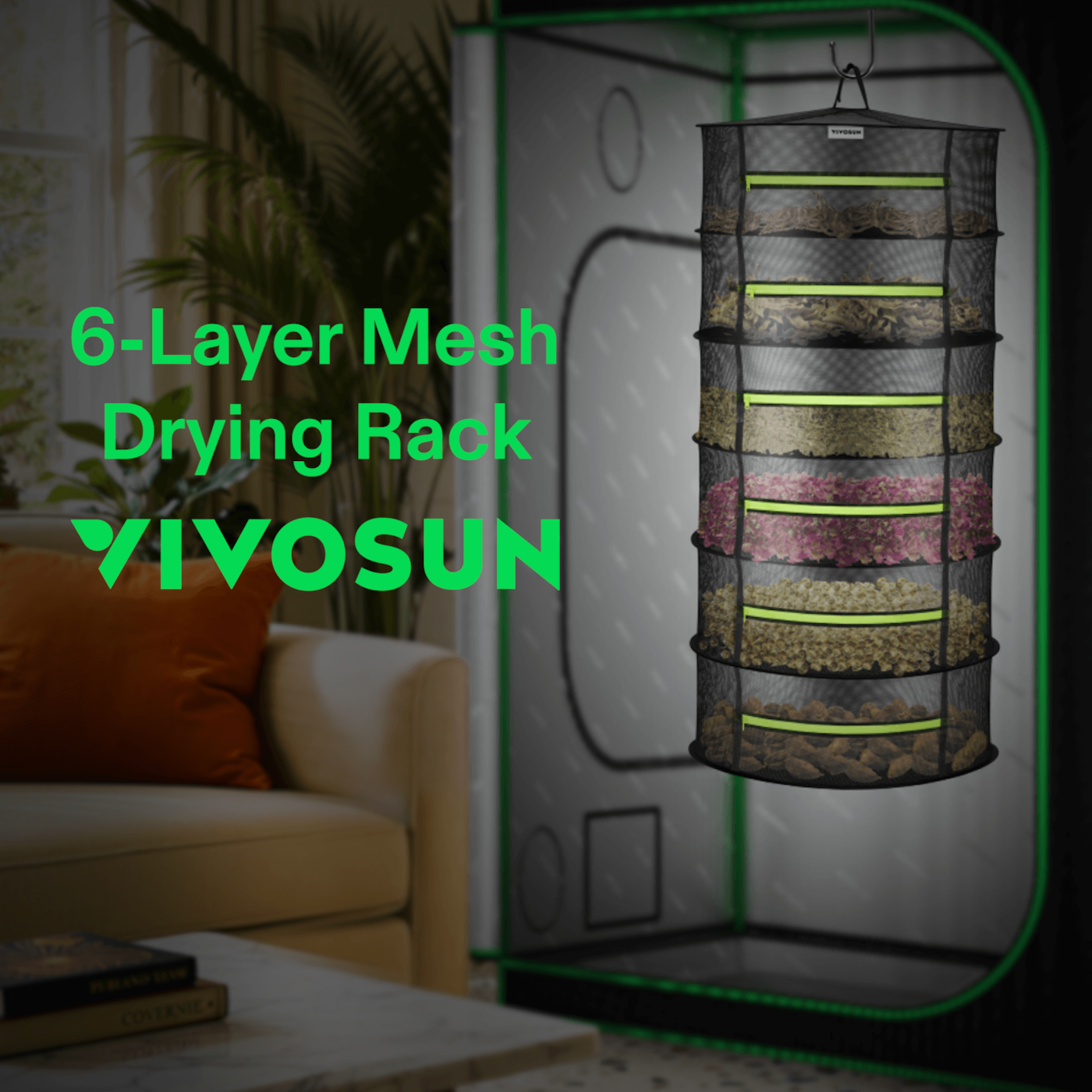 Vivosun 6-Layer Mesh Drying Rack Hanging Design with Green Zippers