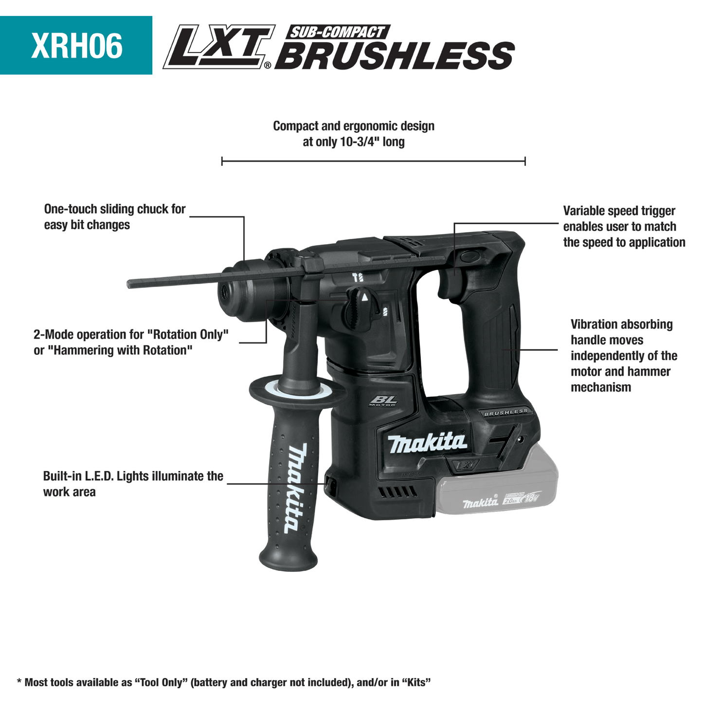 Makita XRH06ZB 18V LXT® Lithium‘Ion Sub‘Compact Brushless Cordless 11/16" SDS‘PLUS Rotary Hammer, Tool Only