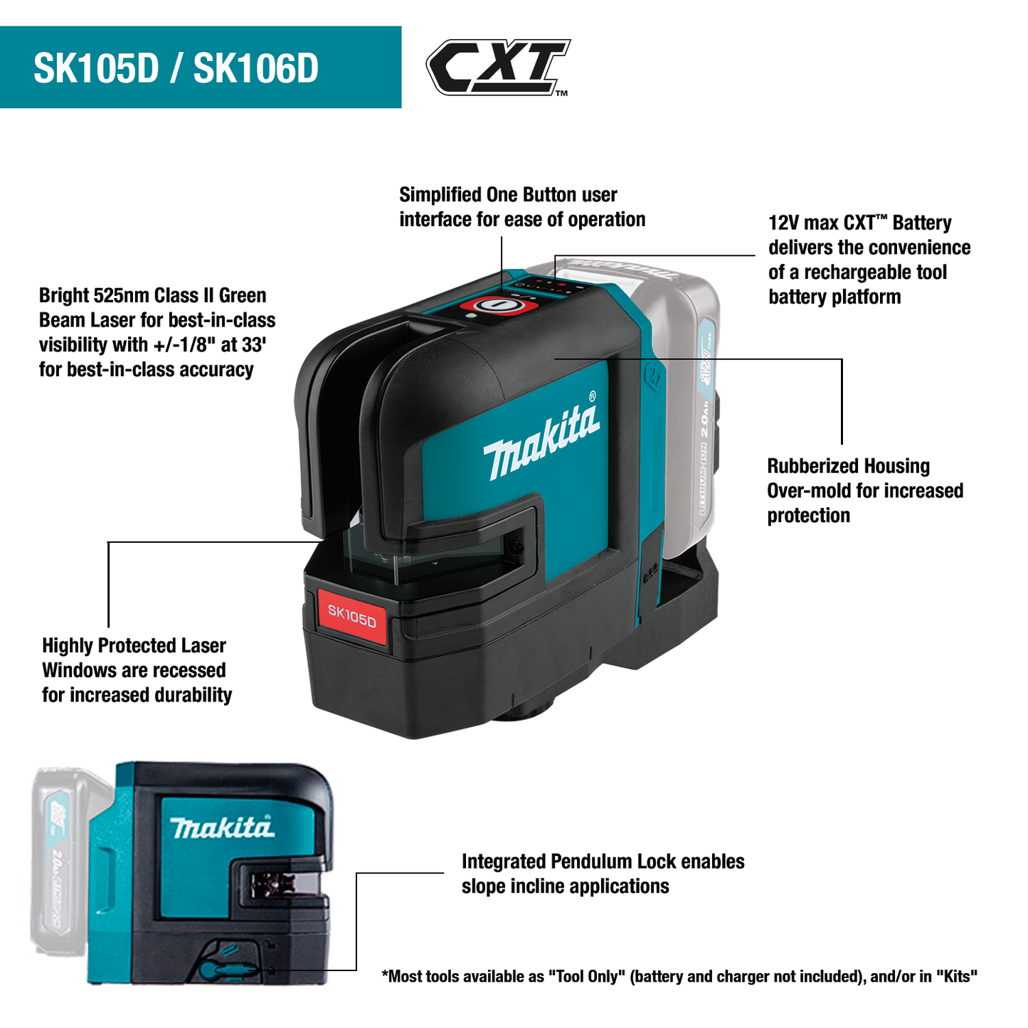 Makita SK106DZ 12V max CXT® Lithium‘Ion Cordless Self‘Leveling Cross‘Line/4‘Point Red Beam Laser, Tool Only