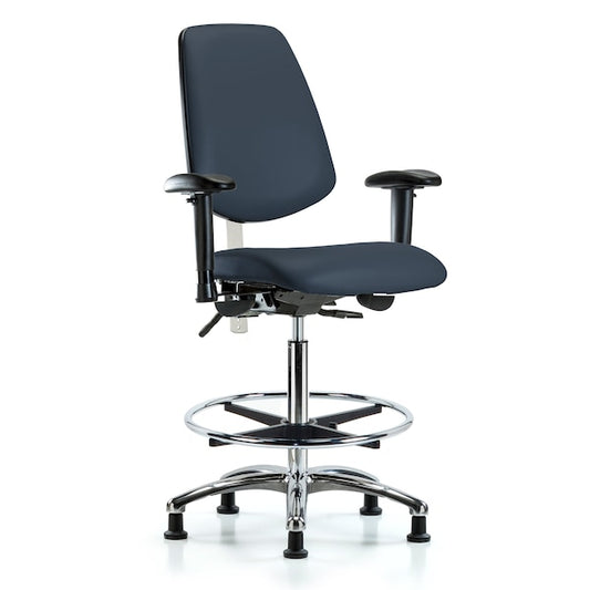 Blue Ridge Ergonomics NCR-VHBCH-MB-CR-T1-A1-CF-RG-8582 CL100 Vinyl Clean Room Chair - High Bench Height with Medium Back, Seat Tilt, Adj Arms, Chrome Foot Ring, & Stationary Glides in Imperial Blue Trailblazer™ Vinyl