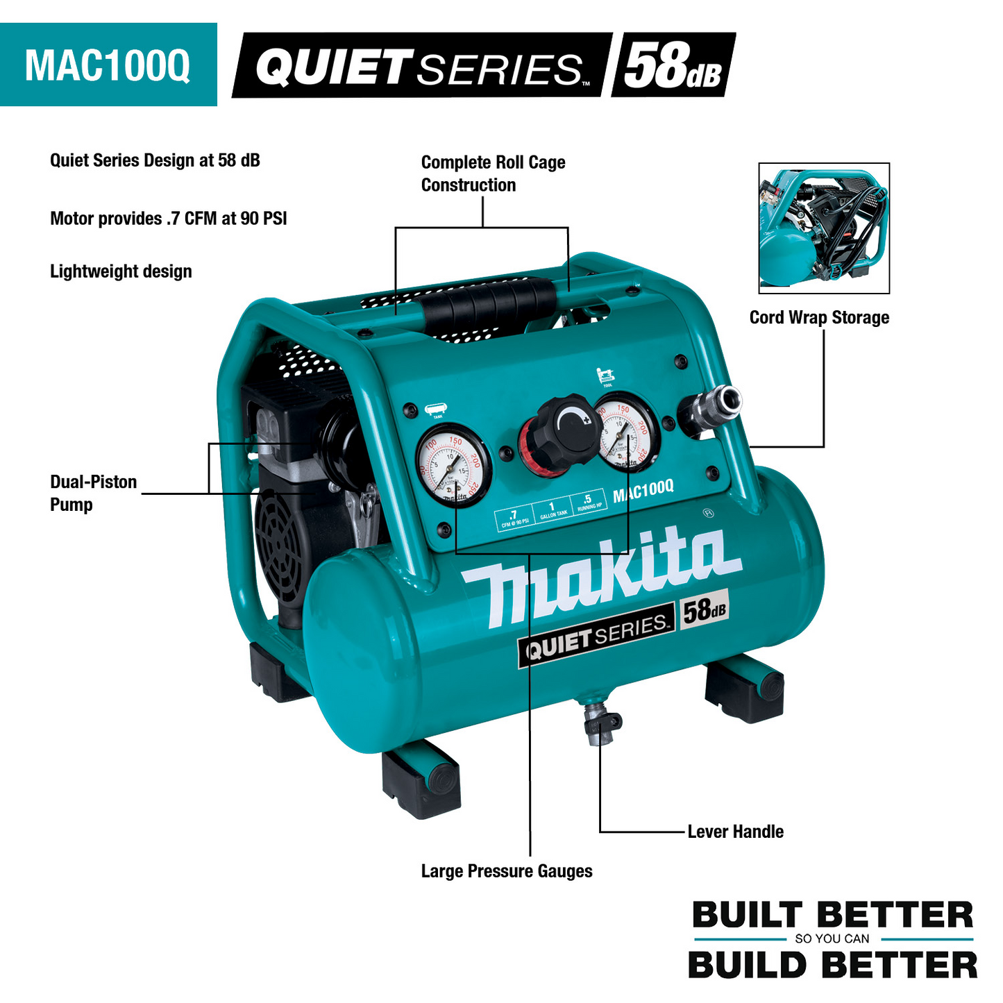 Makita MAC100Q Quiet Series 1/2 HP, 1 Gallon Compact, Oil‘Free, Electric Air Compressor