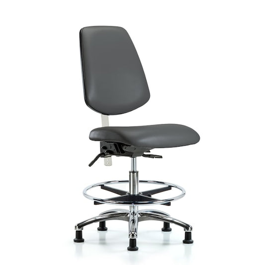 Blue Ridge Ergonomics NCR-VMBCH-MB-CR-T1-A0-CF-RG-8823 Class 100 Vinyl Clean Room Chair - Medium Bench Height with Medium Back, Seat Tilt, Chrome Foot Ring, & Stationary Glides in Carbon Supernova™ Vinyl