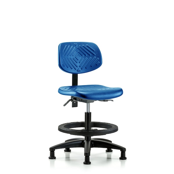 Blue Ridge Ergonomics PMBCH-RG-T1-A0-BF-RG-BLU Polyurethane Chair - Medium Bench Height with Seat Tilt, Black Foot Ring, & Stationary Glides in Blue Polyurethane