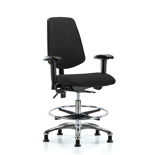 Blue Ridge Ergonomics FMBCH-MB-CR-T1-A1-CF-RG-F42 Rutledge Fabric Chair Chrome - Medium Bench Height with Medium Back, Seat Tilt, Adjustable Arms, Chrome Foot Ring, & Stationary Glides in Black Fabric