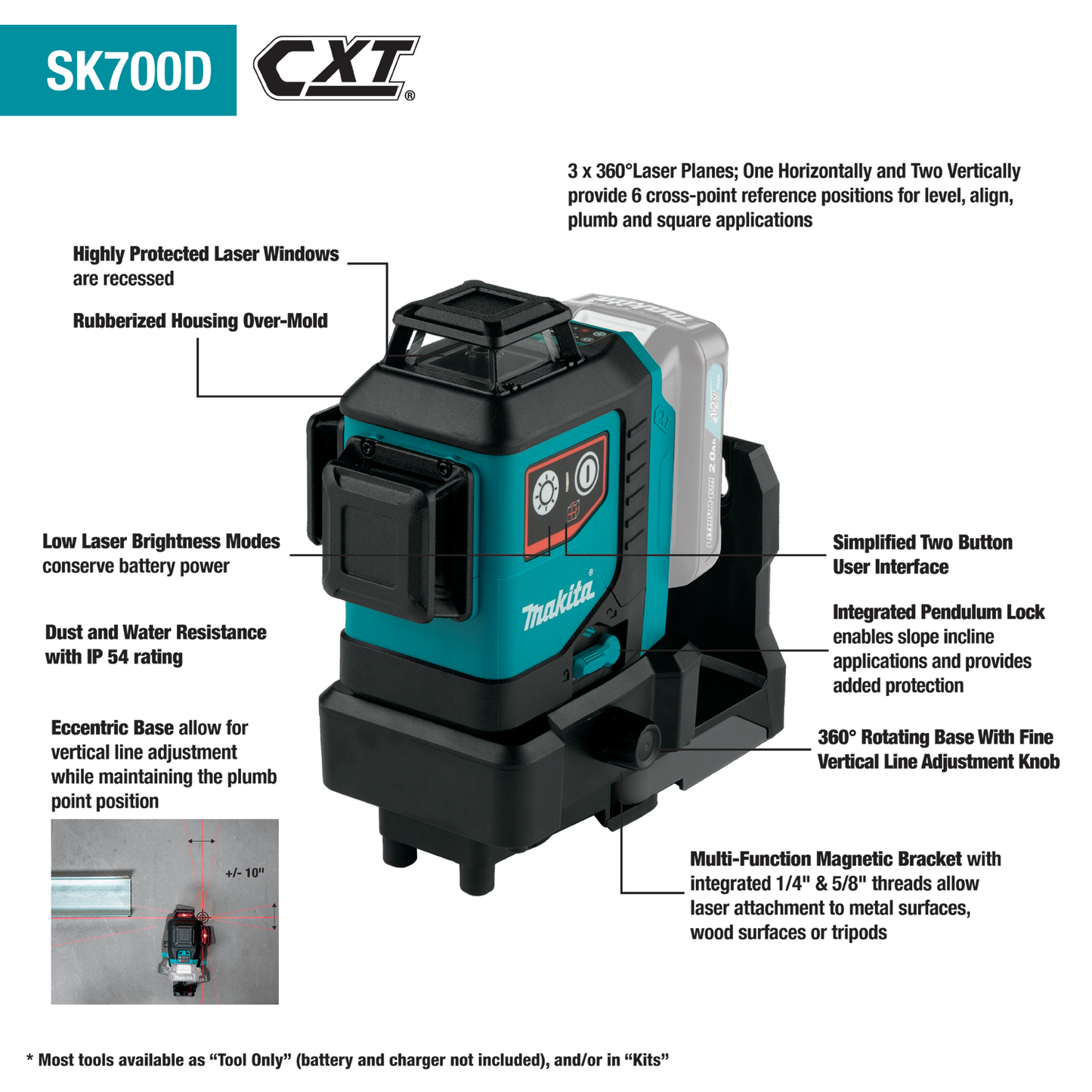 Makita SK700D 12V max CXT® Lithium‘Ion Cordless Self‘Leveling 360° 3‘Plane Red Laser, Tool Only