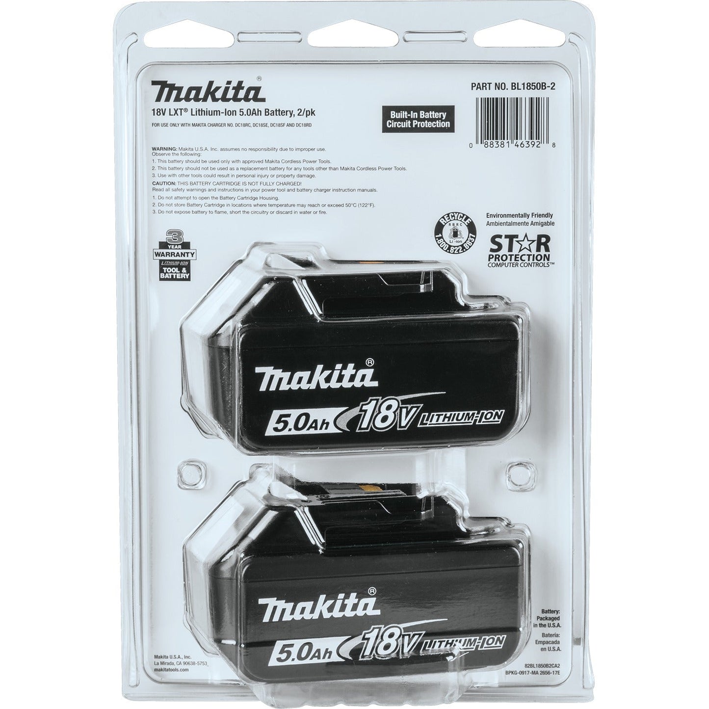 Makita BL1850B-2 18V LXT® Lithium‘Ion 5.0Ah Battery, 2/pk