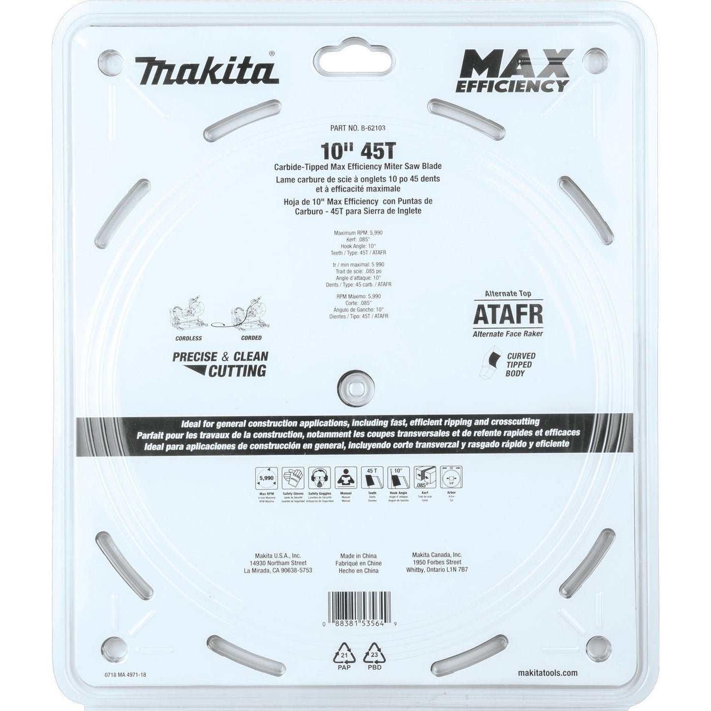 Makita B-62103 10" 45T Carbide‘Tipped Max Efficiency Miter Saw Blade