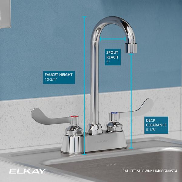 Elkay LK406GN05T4 4" Centerset with Exposed Deck Faucet with 5" Gooseneck Spout 4" Wristblade Handles Chrome