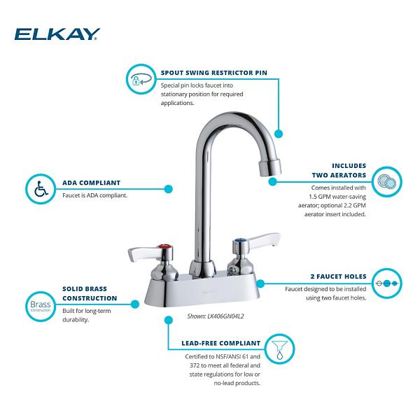 Elkay LK406GN04L2 4" Centerset with Exposed Deck Faucet with 4" Gooseneck Spout 2" Lever Handles Chrome