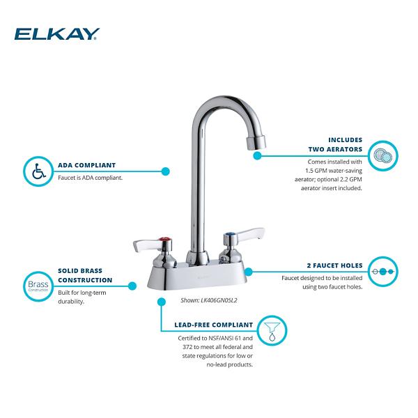 Elkay LK406GN05L2 4" Centerset with Exposed Deck Faucet with 5" Gooseneck Spout 2" Lever Handles Chrome