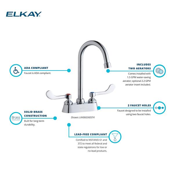 Elkay LK406GN05T4 4" Centerset with Exposed Deck Faucet with 5" Gooseneck Spout 4" Wristblade Handles Chrome