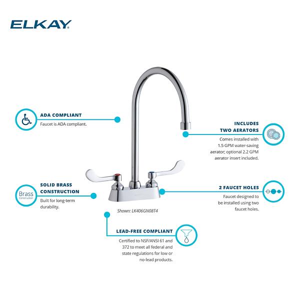 Elkay LK406GN08T4 4" Centerset with Exposed Deck Faucet with 8" Gooseneck Spout 4" Wristblade Handles Chrome