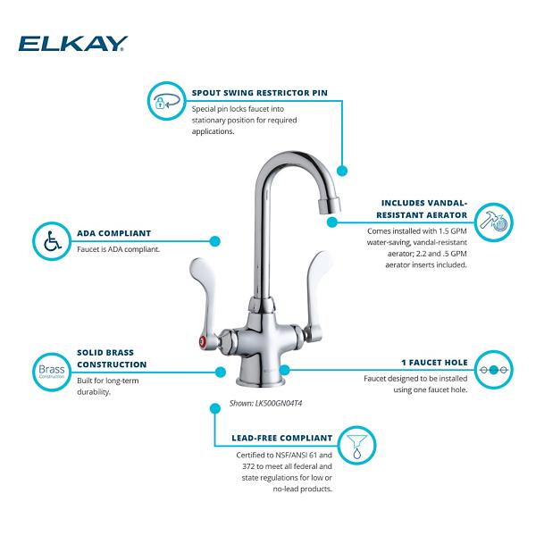 Elkay LK500GN04T4 Single Hole with Concealed Deck Faucet with 4" Gooseneck Spout 4" Wristblade Handles Chrome