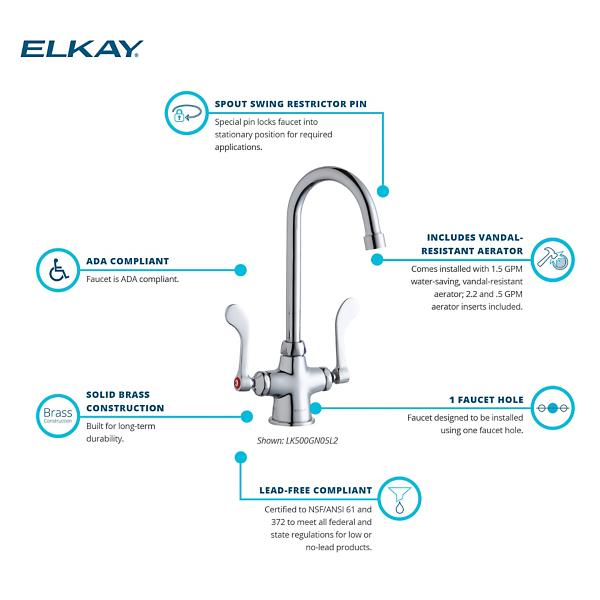 Elkay LK500GN05L2 Single Hole with Concealed Deck Faucet with 5" Gooseneck Spout 2" Lever Handles Chrome