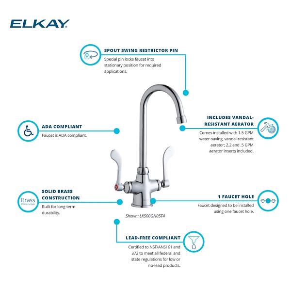 Elkay LK500GN05T4 Single Hole with Concealed Deck Faucet with 5" Gooseneck Spout 4" Wristblade Handles Chrome