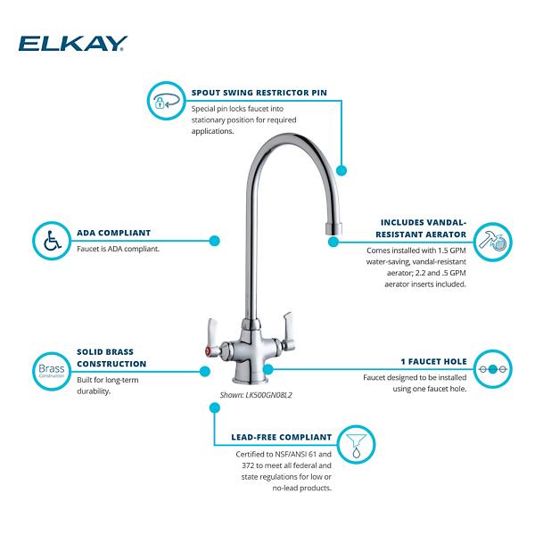 Elkay LK500GN08L2 Single Hole with Concealed Deck Faucet with 8" Gooseneck Spout 2" Lever Handles Chrome