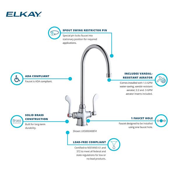 Elkay LK500GN08T4 Single Hole with Concealed Deck Faucet with 8" Gooseneck Spout 4" Wristblade Handles Chrome