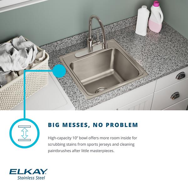 Elkay DLR191910PD Lustertone® Classic Stainless Steel 19-1/2" x 19" x 10-1/8" Single Bowl Drop-in Laundry Sink w/Perfect Drain®