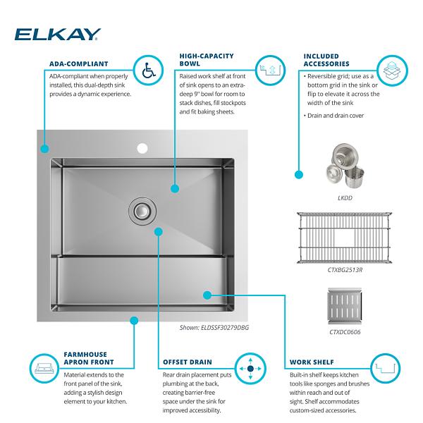 Elkay ELDSSF30279DBG Dart Canyon® Stainless Steel 29-7/8" x 27-1/4" x 9-5/8" 1-Hole Single Bowl Farmhouse Workstation Sink with 4-13/16" Deep Work Shelf