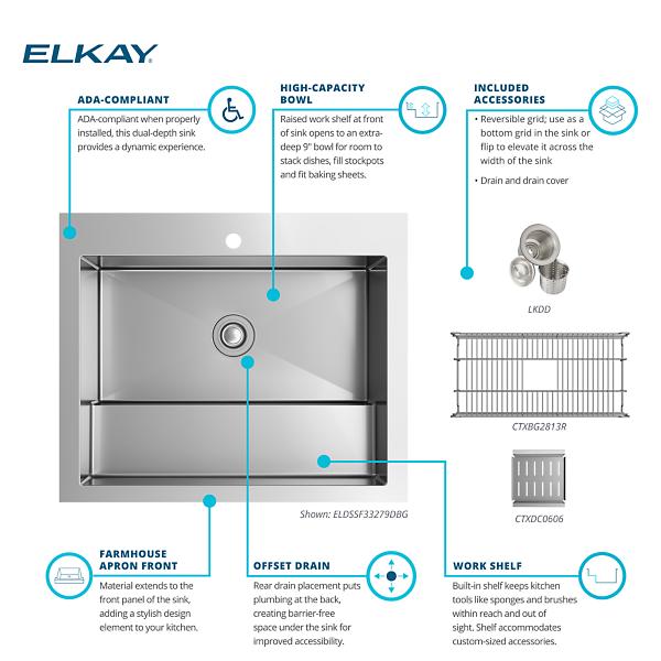 Elkay ELDSSF33279DBG Dart Canyon® Stainless Steel 32-7/8" x 27-1/4" x 9-5/8" 1-Hole Single Bowl Farmhouse Workstation Sink with 4-13/16" Deep Work Shelf