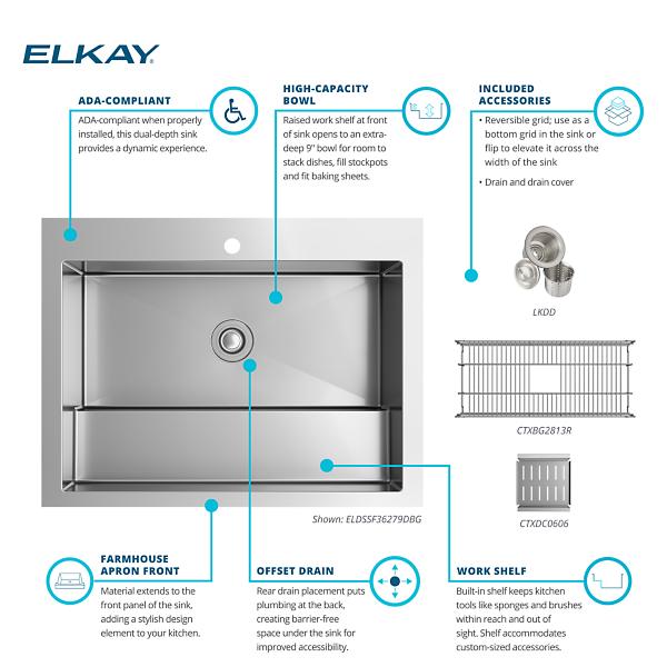 Elkay ELDSSF36279DBG Dart Canyon® Stainless Steel 35-7/8" x 27-1/4" x 9-5/8" 1-Hole Single Bowl Farmhouse Workstation Sink with 4-13/16" Deep Work Shelf