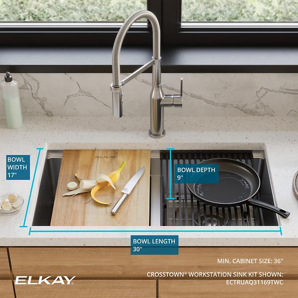 Elkay ECTRUAQ31169TWC Crosstown® 18 Gauge Workstation Stainless Steel 31-1/2" x 18-1/2" x 9" Equal Double Bowl Sink Kit with Aqua Divide