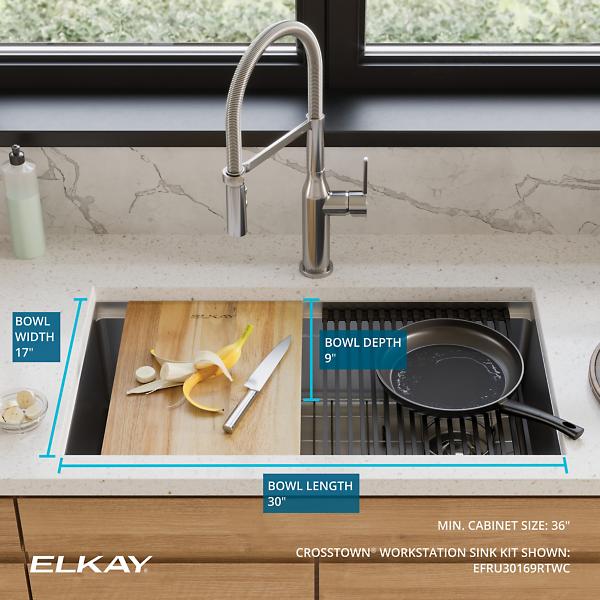 Elkay EFRU30169RTWC Crosstown® 16 Gauge Workstation Stainless Steel, 31-1/2" x 18-1/2" x 9" Single Bowl Undermount Sink Kit