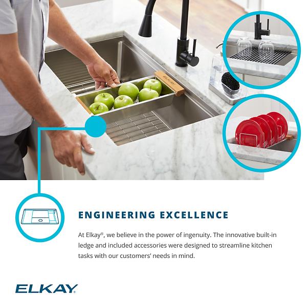 Elkay EFRU30169RTWC Crosstown® 16 Gauge Workstation Stainless Steel, 31-1/2" x 18-1/2" x 9" Single Bowl Undermount Sink Kit