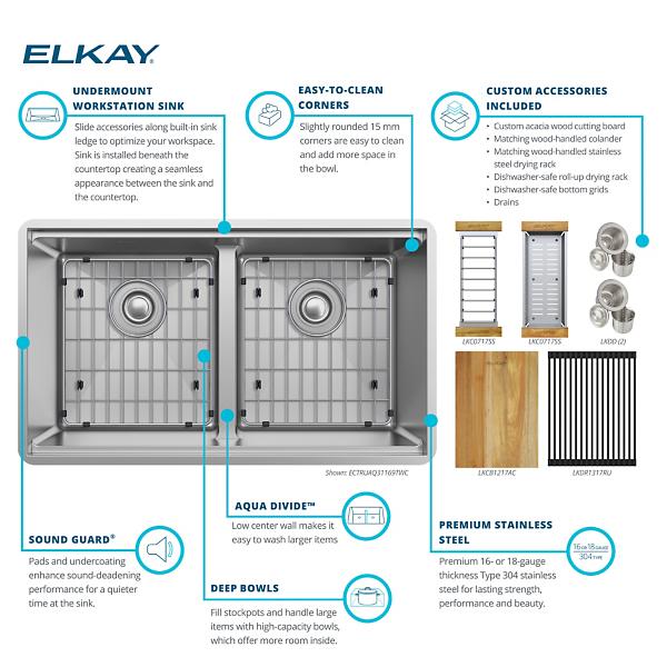 Elkay ECTRUAQ31169TWC Crosstown® 18 Gauge Workstation Stainless Steel 31-1/2" x 18-1/2" x 9" Equal Double Bowl Sink Kit with Aqua Divide