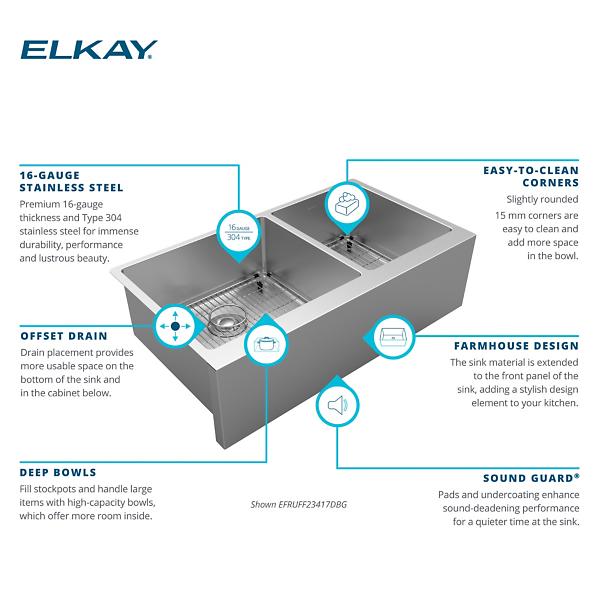 Elkay EFRUFF23417DBG Crosstown® 16 Gauge Stainless Steel 35-7/8" x 20-1/4" x 9" Double Bowl Tall Farmhouse Sink Kit