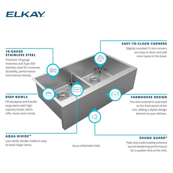 Elkay EFRUFFA3417DBG Crosstown® 16 Gauge Stainless Steel 35-7/8" x 20-1/4" x 9" Equal Double Bowl Tall Farmhouse Sink Kit with Aqua Divide