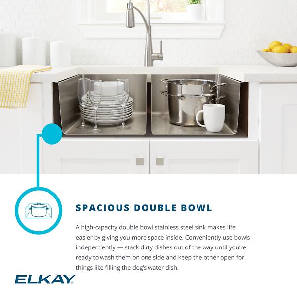 Elkay EFRU311810TFC Crosstown® 16 Gauge Stainless Steel 30-3/4" x 18-1/2" x 10" Equal Double Bowl Undermount Sink Kit with Faucet