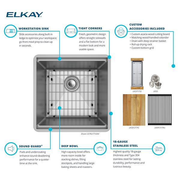 Elkay ECTRU17169W Crosstown® 18 Gauge Workstation Stainless Steel 18-1/2" x 18-1/2" x 8-3/4" Single Bowl Undermount Sink Kit