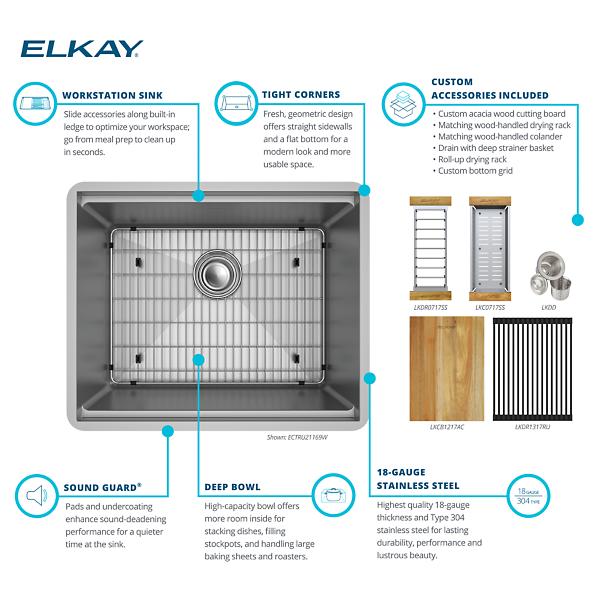 Elkay ECTRU21169W Crosstown® 18 Gauge Workstation Stainless Steel 22-1/2" x 18-1/2" x 8-3/4" Single Bowl Undermount Sink Kit