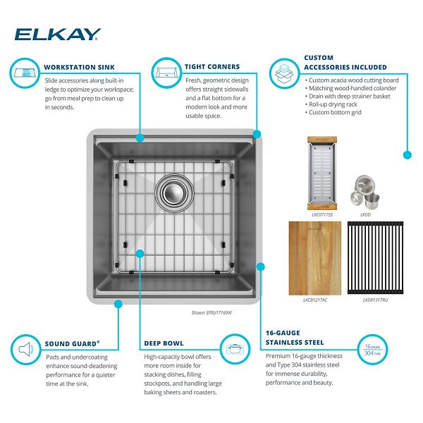 Elkay EFRU17169W Crosstown® 16 Gauge Workstation Stainless Steel 18-1/2" x 18-1/2" x 8-3/4" Single Bowl Undermount Sink Kit