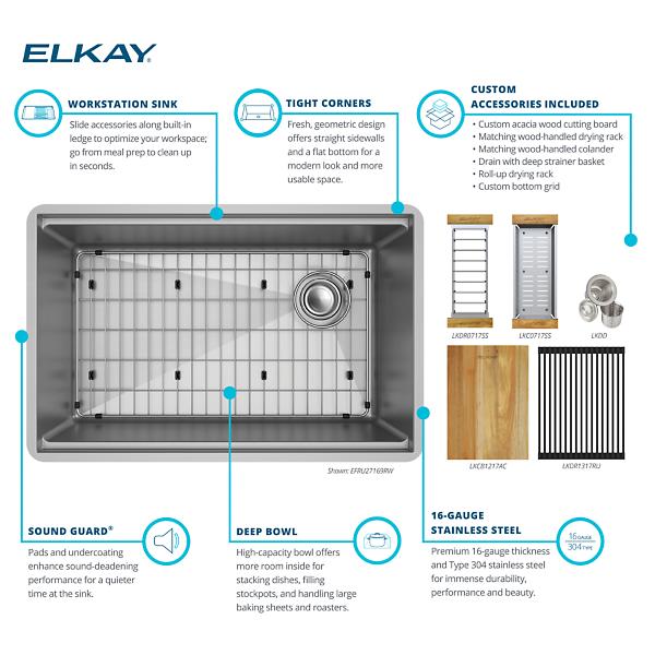 Elkay EFRU27169RW Crosstown® 16 Gauge Workstation Stainless Steel 28-1/2" x 18-1/2" x 8-1/2" Single Bowl Undermount Sink Kit