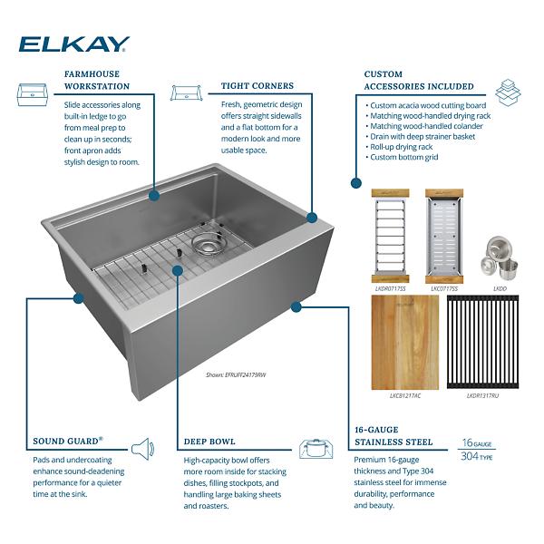 Elkay EFRUFF24179RW Crosstown® 16 Gauge Workstation Stainless Steel 25-7/8" x 20-1/4" x 9-7/16" Single Bowl Farmhouse Sink Kit