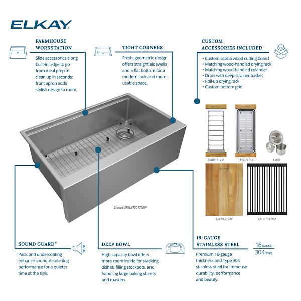 Elkay EFRUFF30179RW Crosstown® 16 Gauge Workstation Stainless Steel 31-7/8" x 20-1/4" x 9-7/16" Single Bowl Farmhouse Sink Kit