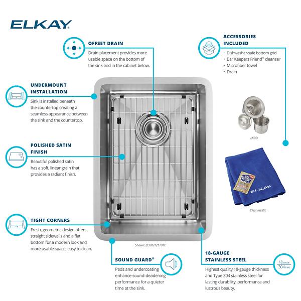 Elkay ECTRU12179TC Crosstown® 18 Gauge Stainless Steel 13-1/2" x 18-1/2" x 9" Single Bowl Undermount Bar Sink Kit