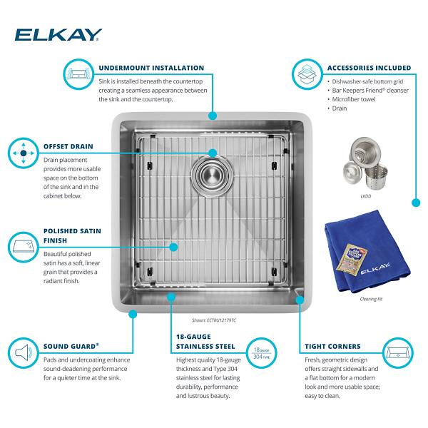 Elkay ECTRU17179TC Crosstown® 18 Gauge Stainless Steel 18-1/2" x 18-1/2" x 9" Single Bowl Undermount Sink Kit