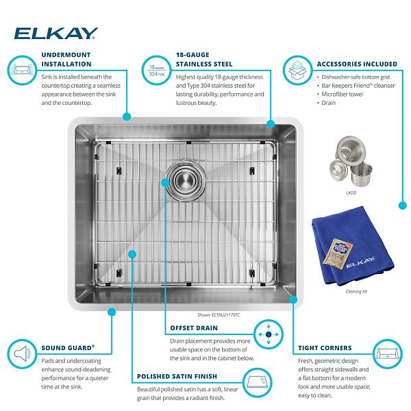 Elkay ECTRU21179TC Crosstown® 18 Gauge Stainless Steel 22-1/2" x 18-1/2" x 9" Single Bowl Undermount Sink Kit