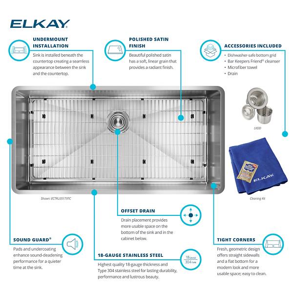 Elkay ECTRU35179TC Crosstown® 18 Gauge Stainless Steel 36-1/2" x 18-1/2" x 9" Single Bowl Undermount Sink Kit