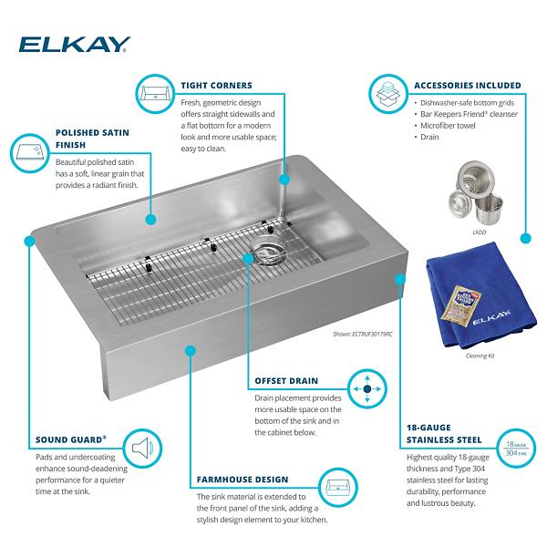 Elkay ECTRUF30179RC Crosstown® 18 Gauge Stainless Steel 35-7/8" x 20-1/4" x 9" Single Bowl Farmhouse Sink Kit