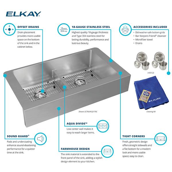 Elkay ECTRUFA32179C Crosstown® 18 Gauge Stainless Steel 35-7/8" x 20-1/4" x 9" Equal Double Bowl Farmhouse Sink Kit with Aqua Divide