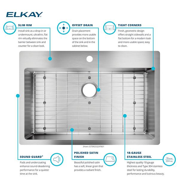 Elkay ECTSRS33229TFGB Crosstown® 18 Gauge Stainless Steel 33" x 22" x 9" Single Bowl Dual Mount Sink Kit with Filtered Beverage Faucet