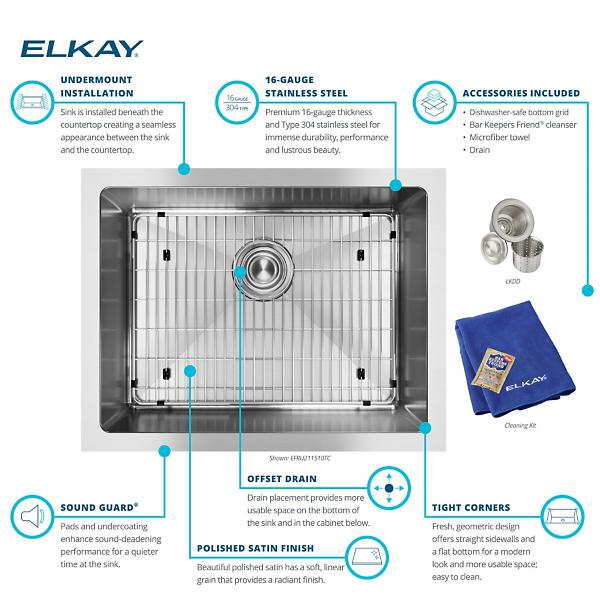 Elkay EFRU211510TC Crosstown® 16 Gauge Stainless Steel 23-1/2" x 18-1/4" x 10" Single Bowl Undermount Sink Kit