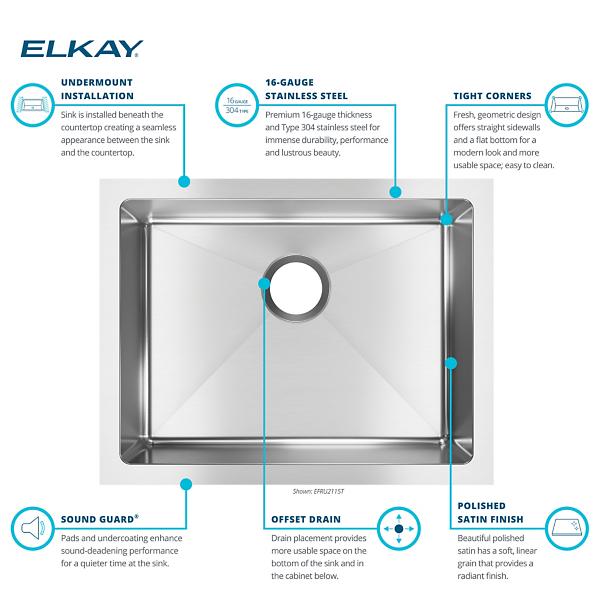 Elkay EFRU2115T Crosstown® 16 Gauge Stainless Steel 23-1/2" x 18-1/4" x 8" Single Bowl Undermount Sink