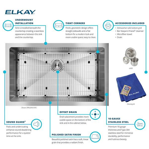 Elkay EFRU281610TFG Crosstown® 16 Gauge Stainless Steel 30-1/2" x 18-1/2" x 10" Single Bowl Undermount Sink Kit with Filtered Beverage Faucet