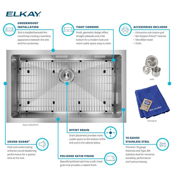 Elkay EFRU2816TC Crosstown® 16 Gauge Stainless Steel 30-1/2" x 18-1/2" x 8" Single Bowl Undermount Sink Kit