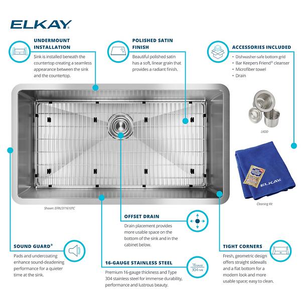 Elkay EFRU311610TC Crosstown® 16 Gauge Stainless Steel 32-1/2" x 18" x 10" Single Bowl Undermount Sink Kit